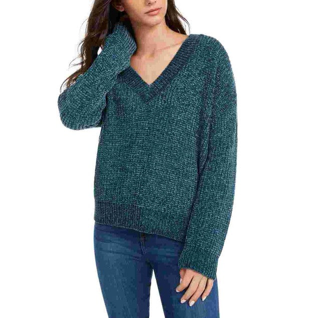 Suéter Hippie Rose Juniors com decote em V em chenille, verde, tamanho pequeno