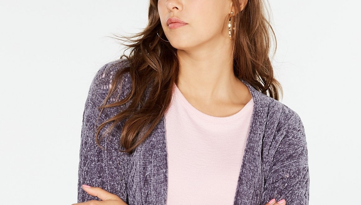Cardigan Hippie Rose Juniors Pointelle-Knit Chenille, cor carvão, tamanho pequeno