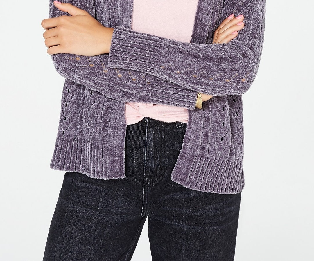 Cardigan Hippie Rose Juniors Pointelle-Knit Chenille, cor carvão, tamanho pequeno
