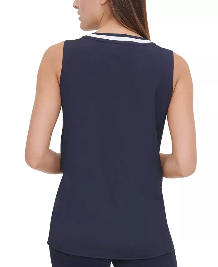 Blusa Tommy Hilfiger Feminina com Decote em V e Acabamento Contrastado, Azul Escuro, Tamanho Médio