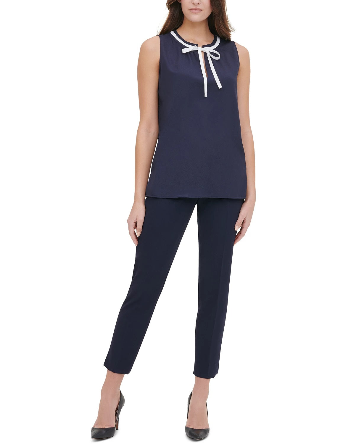 Blusa Tommy Hilfiger Feminina com Decote em V e Acabamento Contrastado, Azul Escuro, Tamanho P