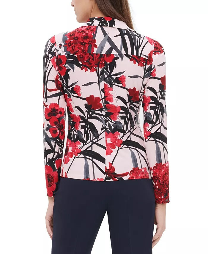 Blusa feminina Tommy Hilfiger com botões e gola floral, rosa, tamanho pequeno