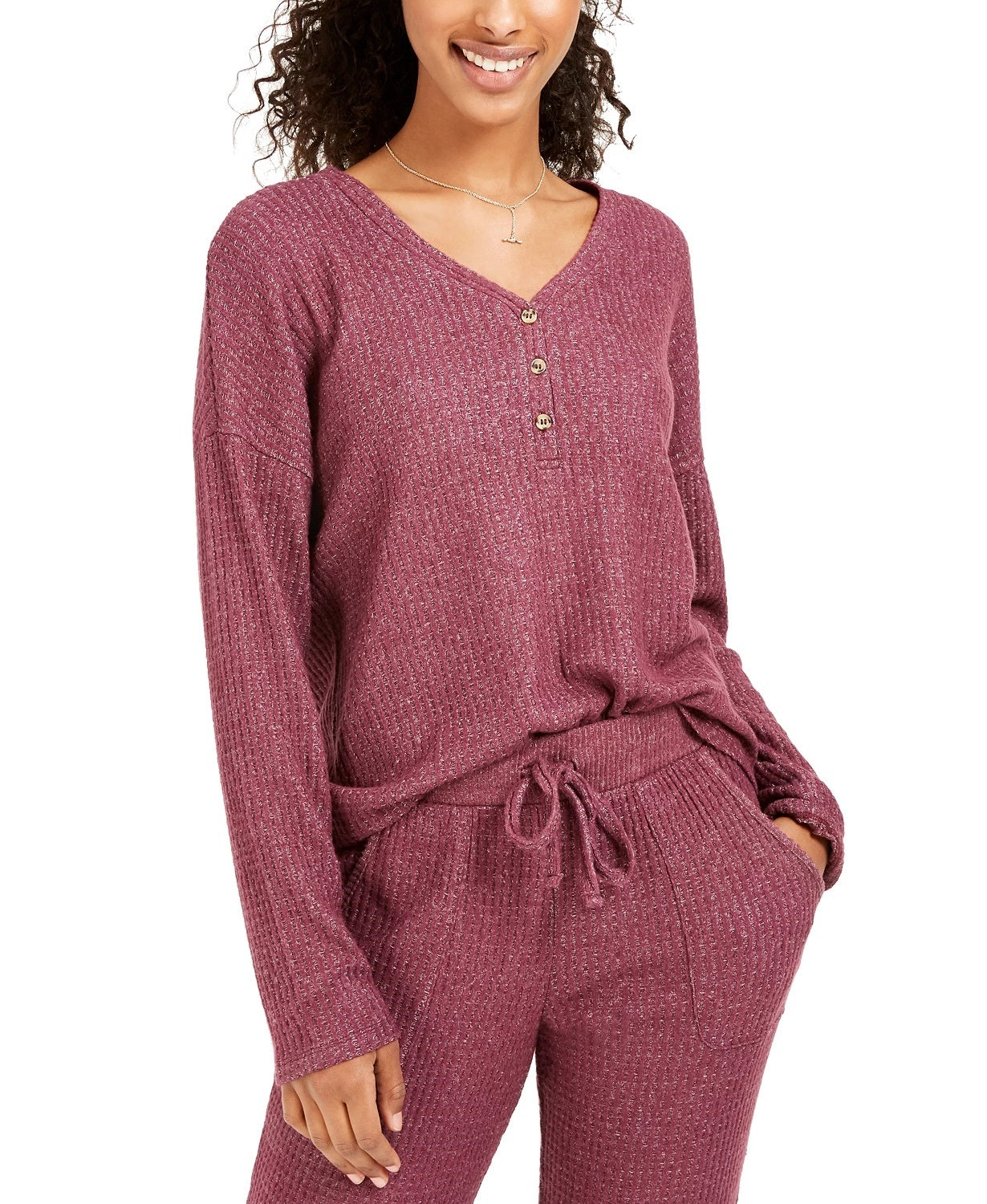 Blusa de malha Henley Waffle Hippie Rose Juniors, rosa médio, tamanho extrapequeno