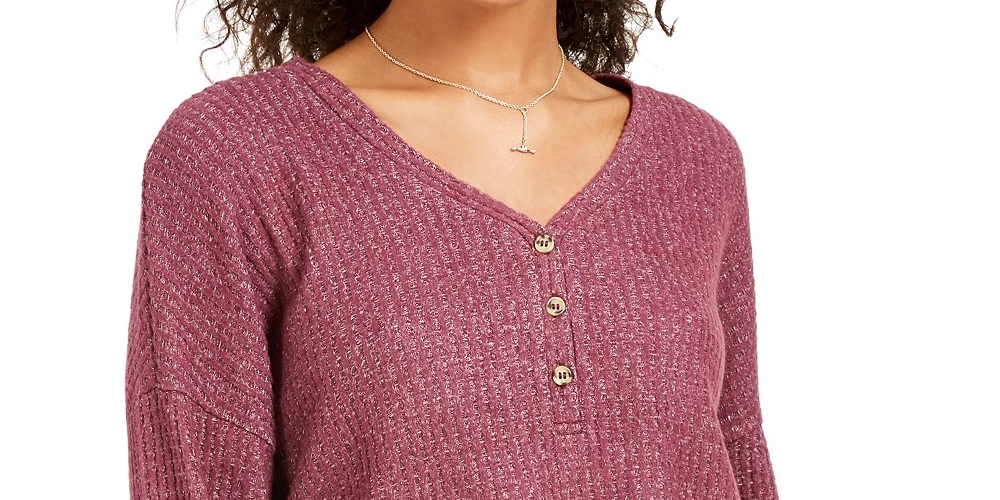 Blusa de malha Henley Waffle Hippie Rose Juniors, rosa médio, tamanho extrapequeno