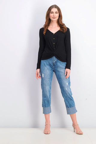 Blusa Hippie Rose Juniors com botões frontais e torcidos, preta, tamanho pequeno