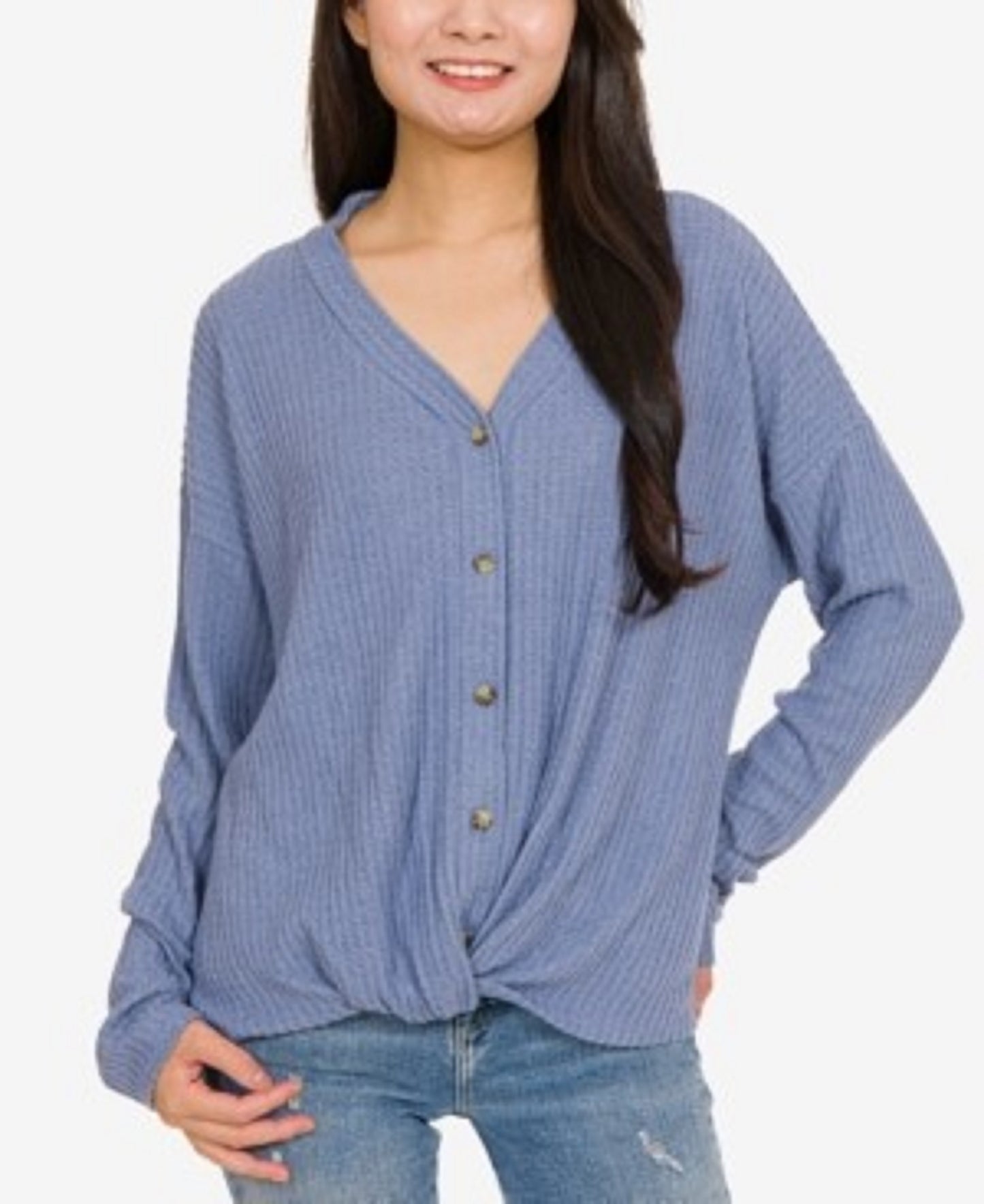 Blusa Hippie Rose Juniors com botões frontais e torcidos, tamanho extra grande, azul