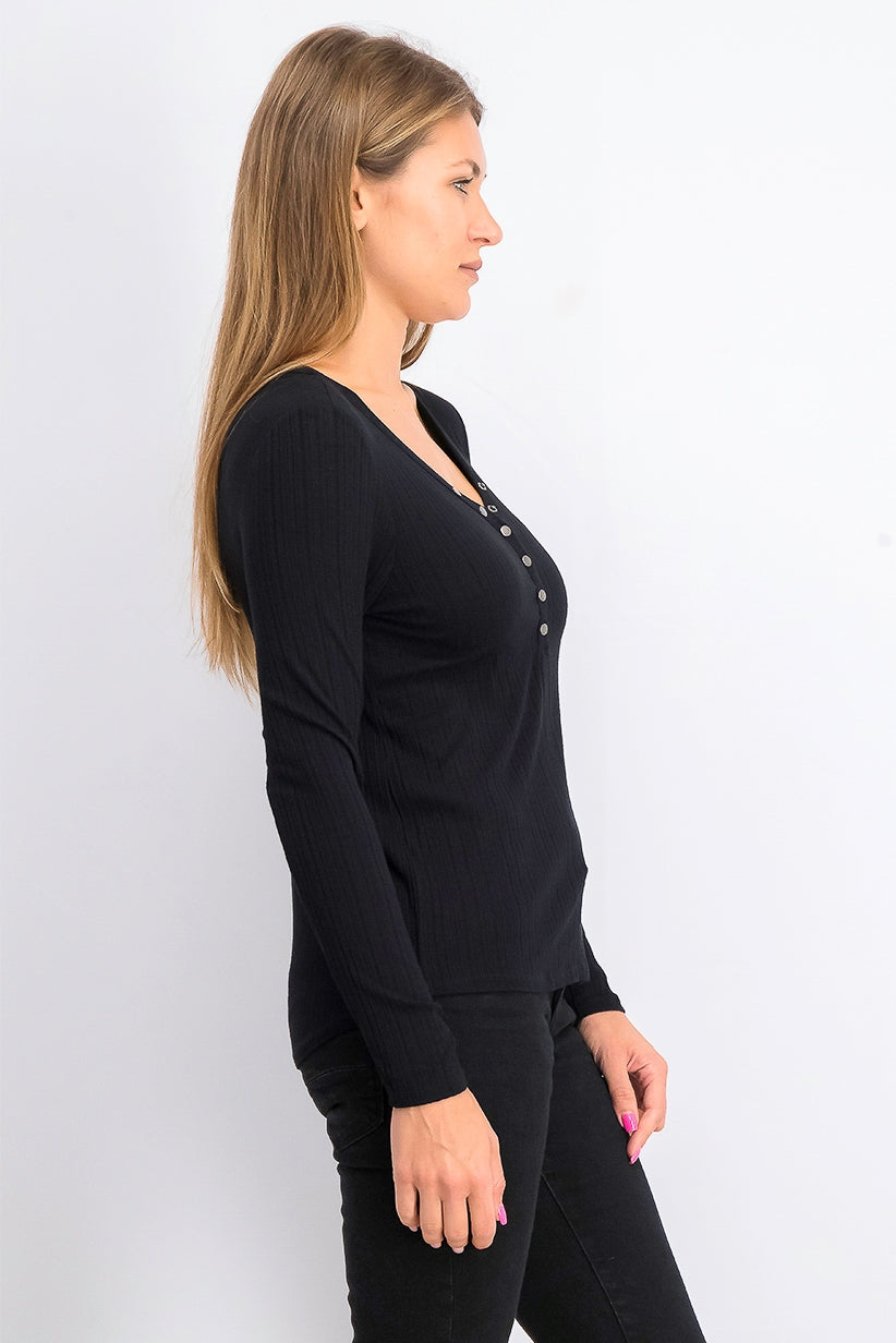 Top Henley de malha canelada Hippie Rose Juniors, preto, tamanho extra grande