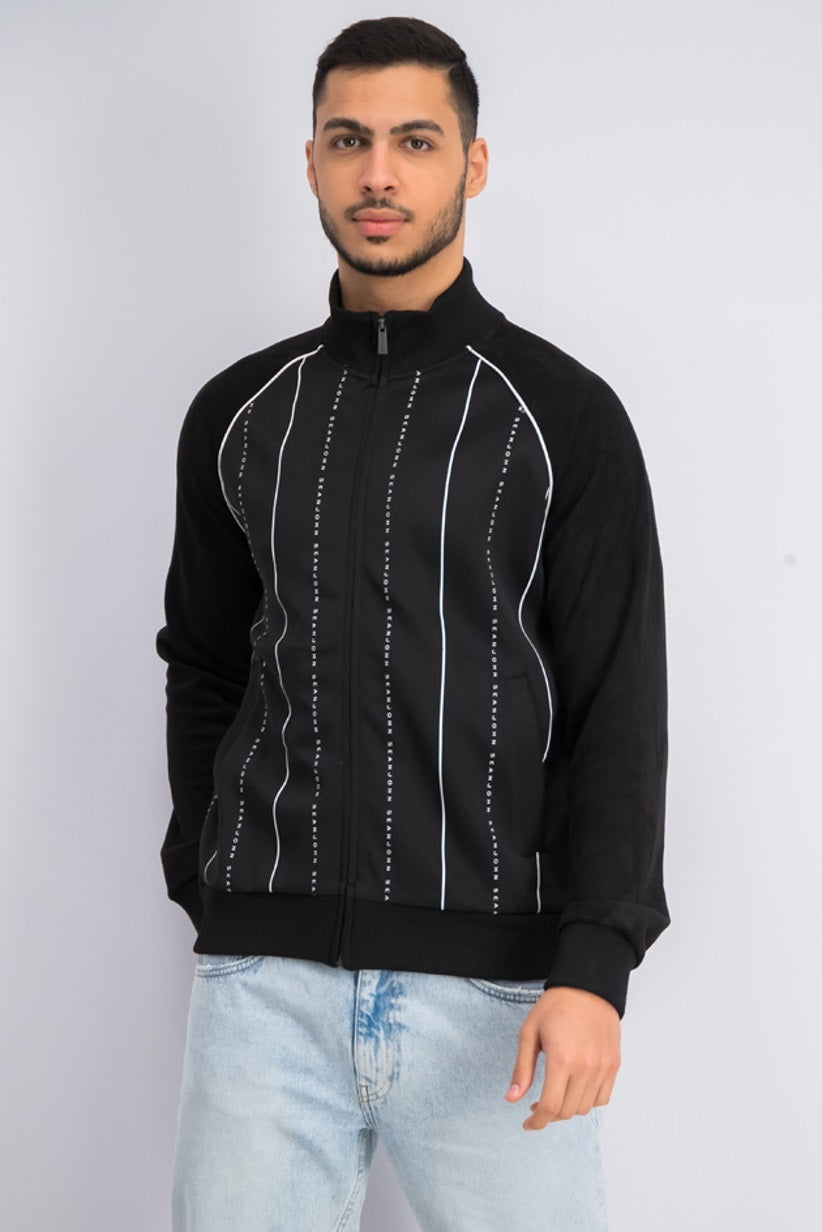 Jaqueta esportiva masculina Sean John com logo listrado, preta, tamanho médio