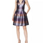 Vestido listrado metálico feminino Laundry By Shelli Segal, corte evasê, roxo, tamanho 12