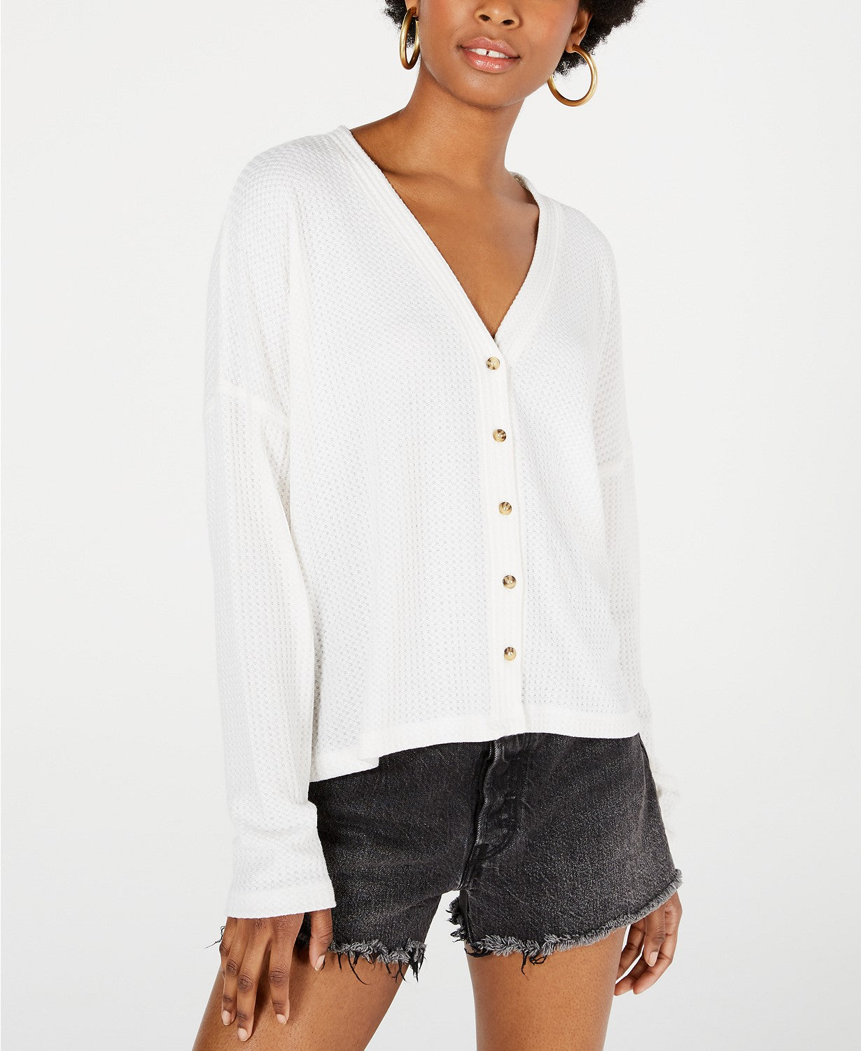 Cardigan Hippie Rose Juniors de malha waffle com botões na frente, branco, tamanho grande