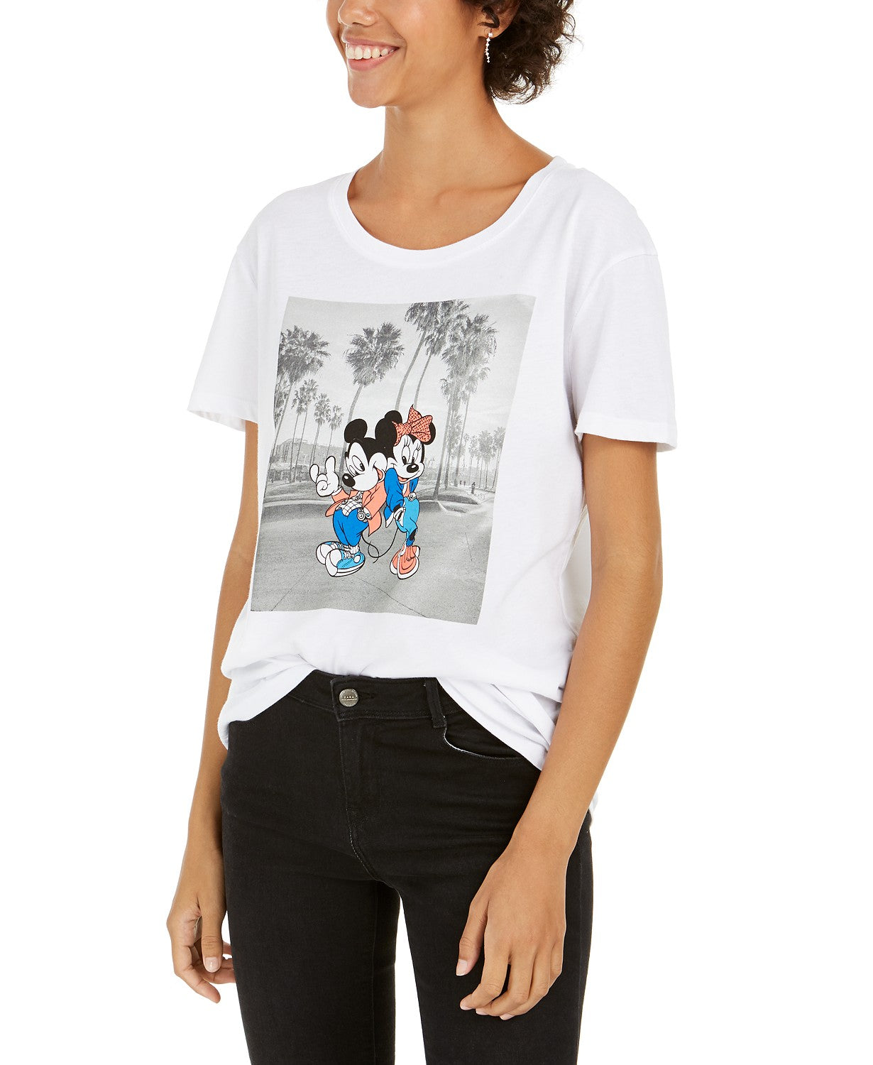 Camiseta estampada Mickey e Minnie da Disney Juniors, tamanho P, branca