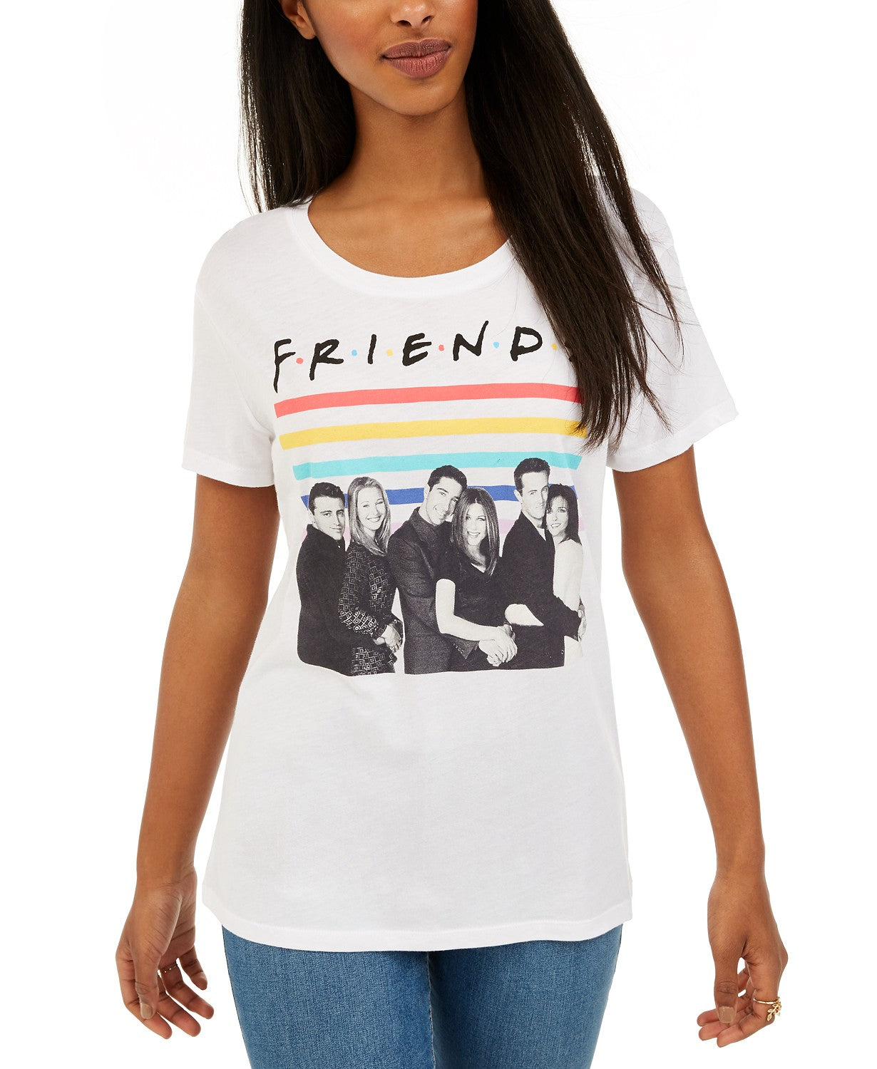 Camiseta feminina Love Tribe Juniors com estampa de arco-íris e amigos, tamanho extra grande, branca