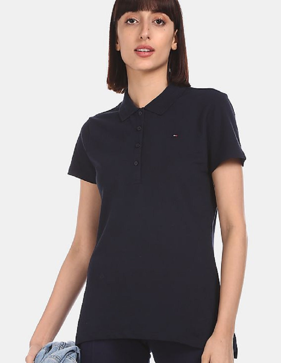 Camisa polo feminina Tommy Hilfiger Core preta, tamanho médio