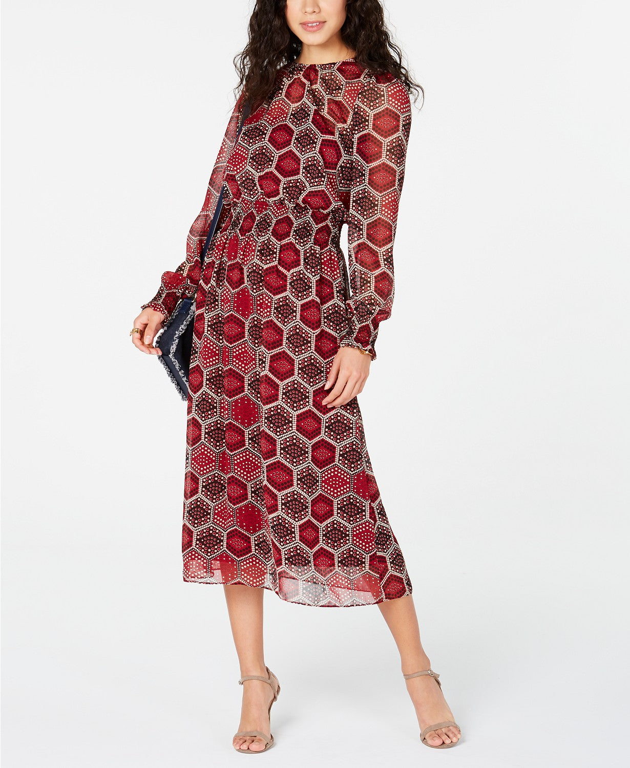 Vestido feminino Tommy Hilfiger manga comprida colmeia vermelho tamanho grande