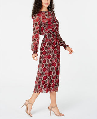 Vestido feminino Tommy Hilfiger manga comprida colmeia vermelho tamanho grande