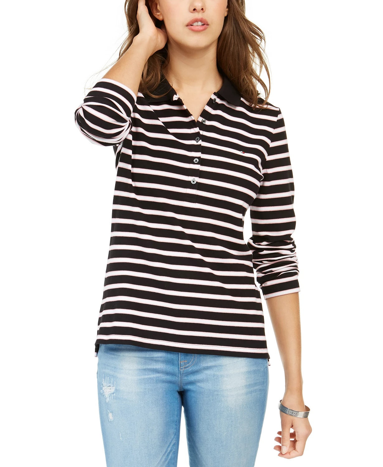 Camisa polo feminina Tommy Hilfiger manga comprida preta tamanho pequeno
