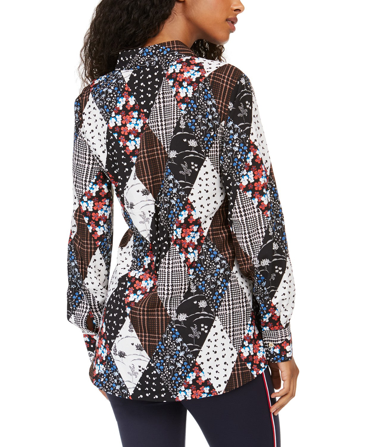 Tommy Hilfiger Blusa feminina estampada com botões na frente e amarração na cintura, preta, tamanho médio