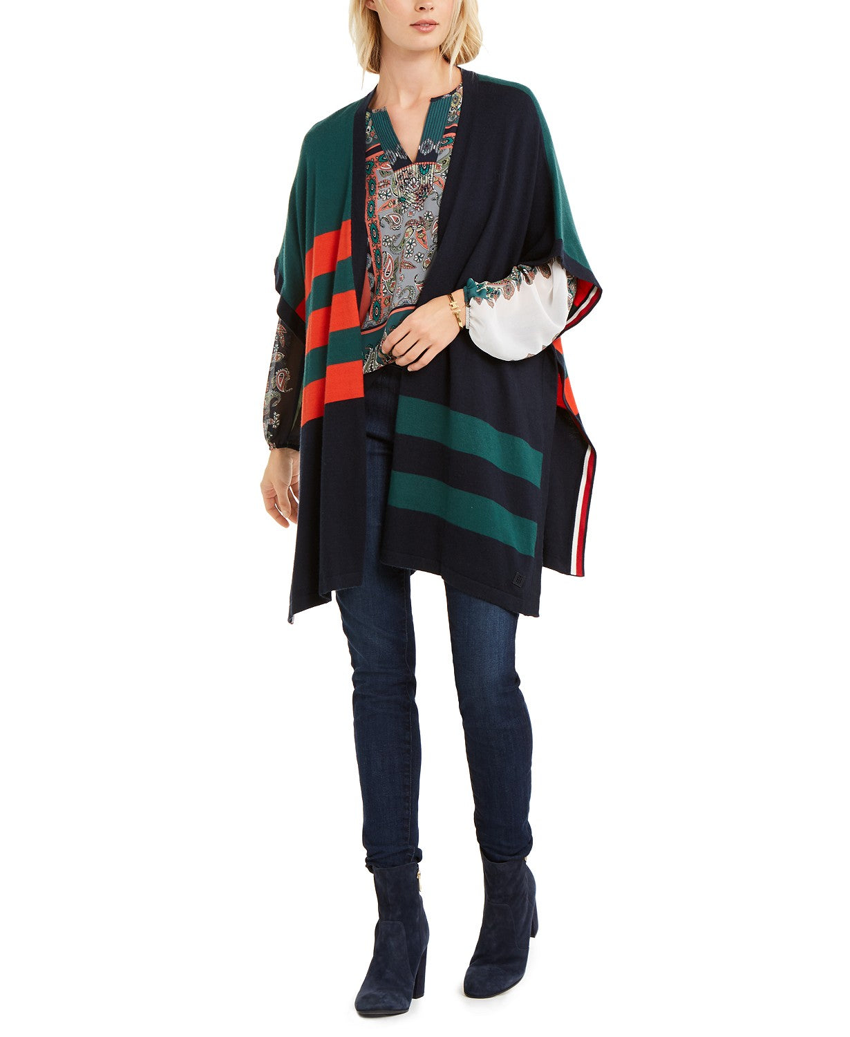 Tommy Hilfiger Cardigan Poncho Feminino Colorblocked Azul Tamanho Extra Grande