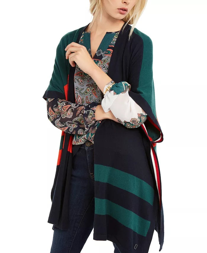 Tommy Hilfiger Cardigan Poncho Feminino Colorblocked Azul Tamanho Extra Grande