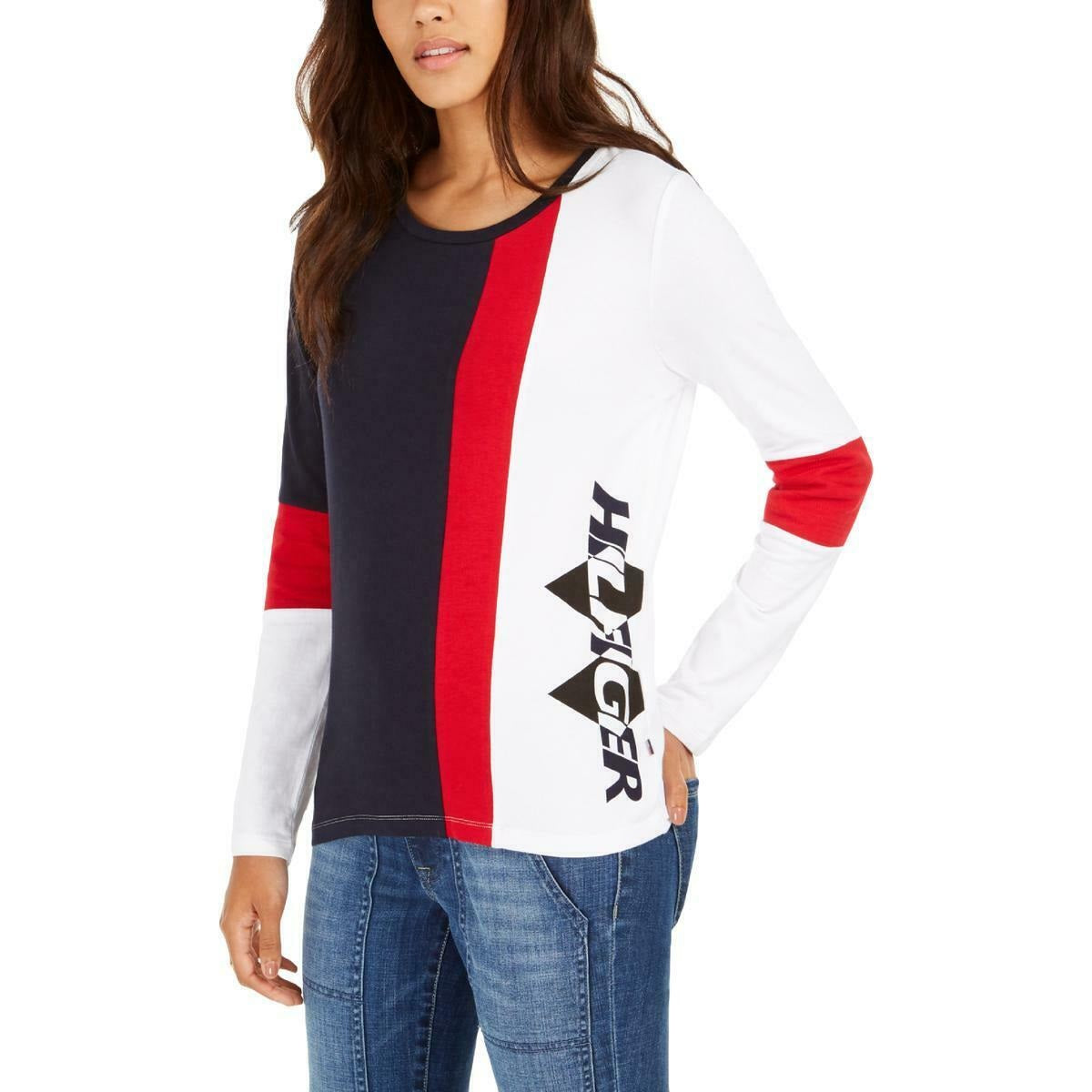 Camiseta Tommy Hilfiger Feminina com Estampa de Logotipo Colorblock Azul Tamanho XS