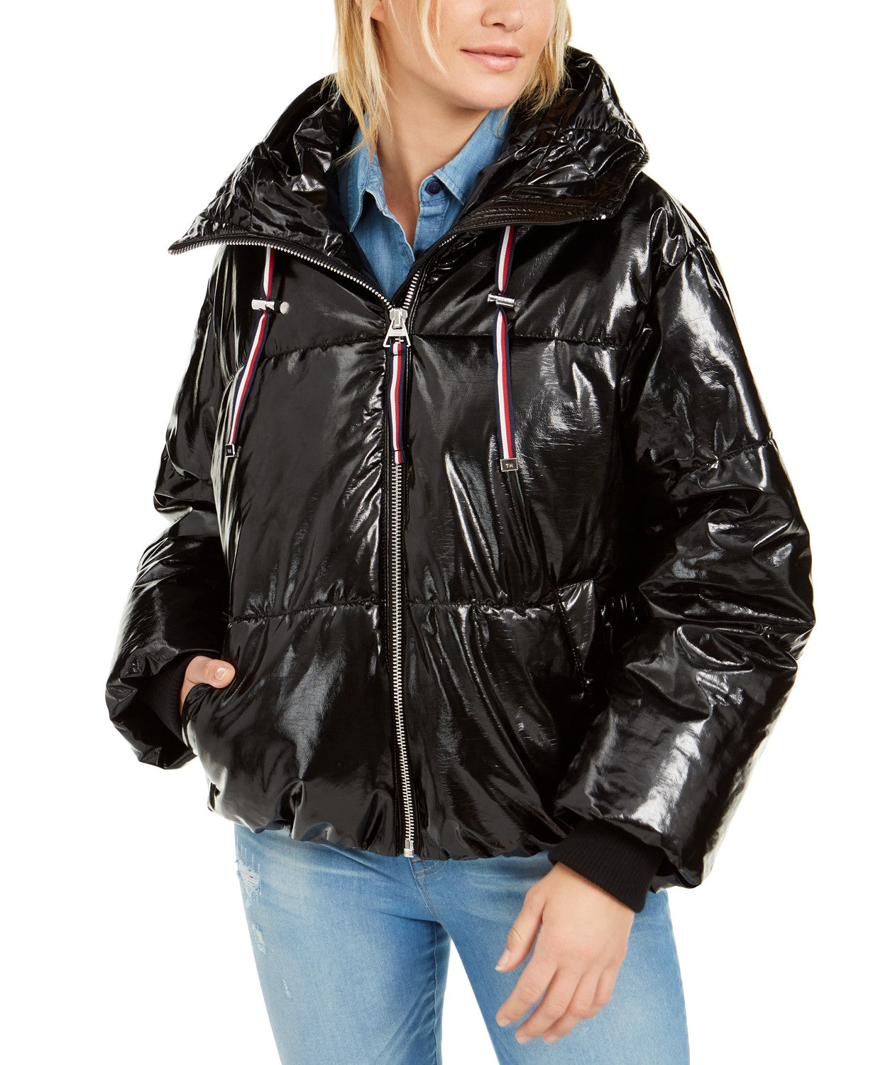 Casaco acolchoado com capuz brilhante Tommy Hilfiger feminino, preto, tamanho extra grande