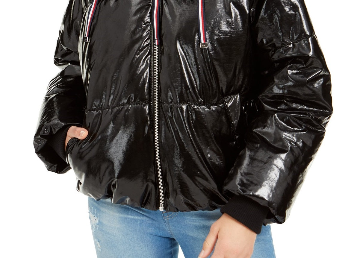 Casaco acolchoado com capuz brilhante Tommy Hilfiger feminino, preto, tamanho extra grande