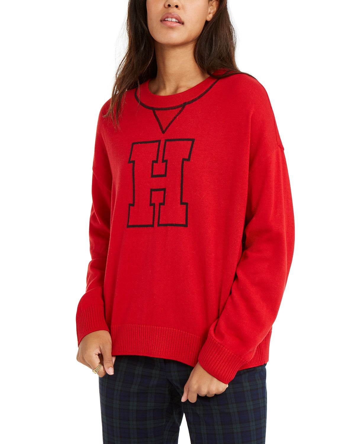 Tommy Hilfiger Suéter feminino de gola redonda Varsity vermelho tamanho extra grande