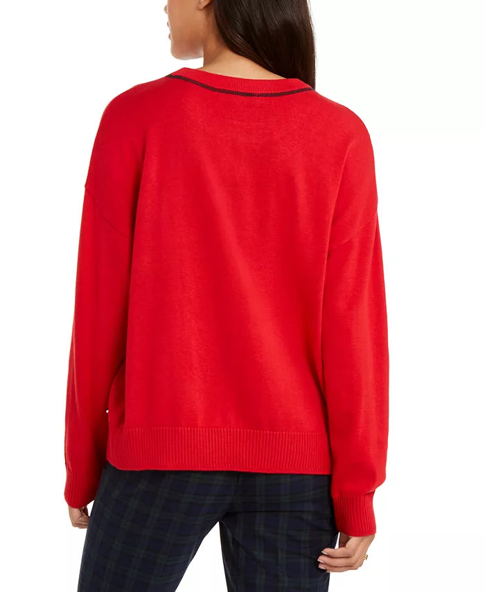 Tommy Hilfiger Suéter feminino de gola redonda Varsity vermelho tamanho extra grande