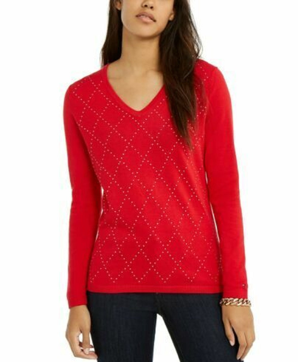 Suéter Tommy Hilfiger Feminino de Algodão Argyle com Tachas Vermelho Tamanho X-G