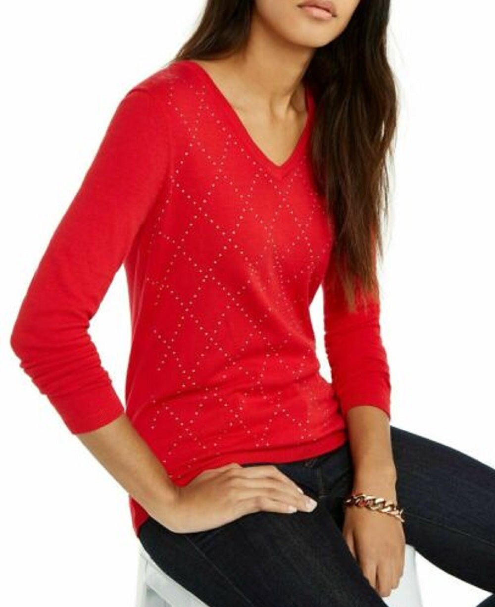 Suéter Tommy Hilfiger Feminino de Algodão Argyle com Tachas Vermelho Tamanho X-G