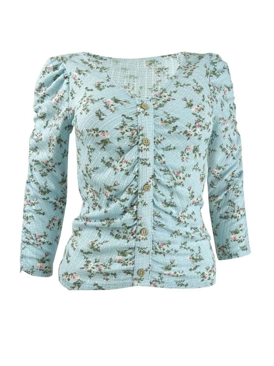 Blusa floral franzida Crave Fame Juniors, azul, tamanho médio