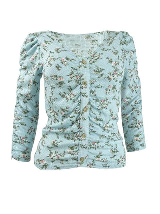 Blusa floral franzida Crave Fame Juniors, azul, tamanho médio