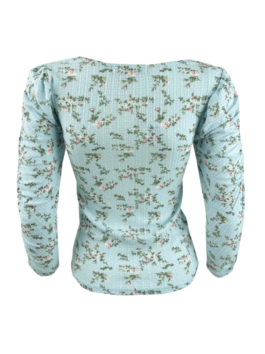 Blusa floral franzida Crave Fame Juniors, azul, tamanho médio