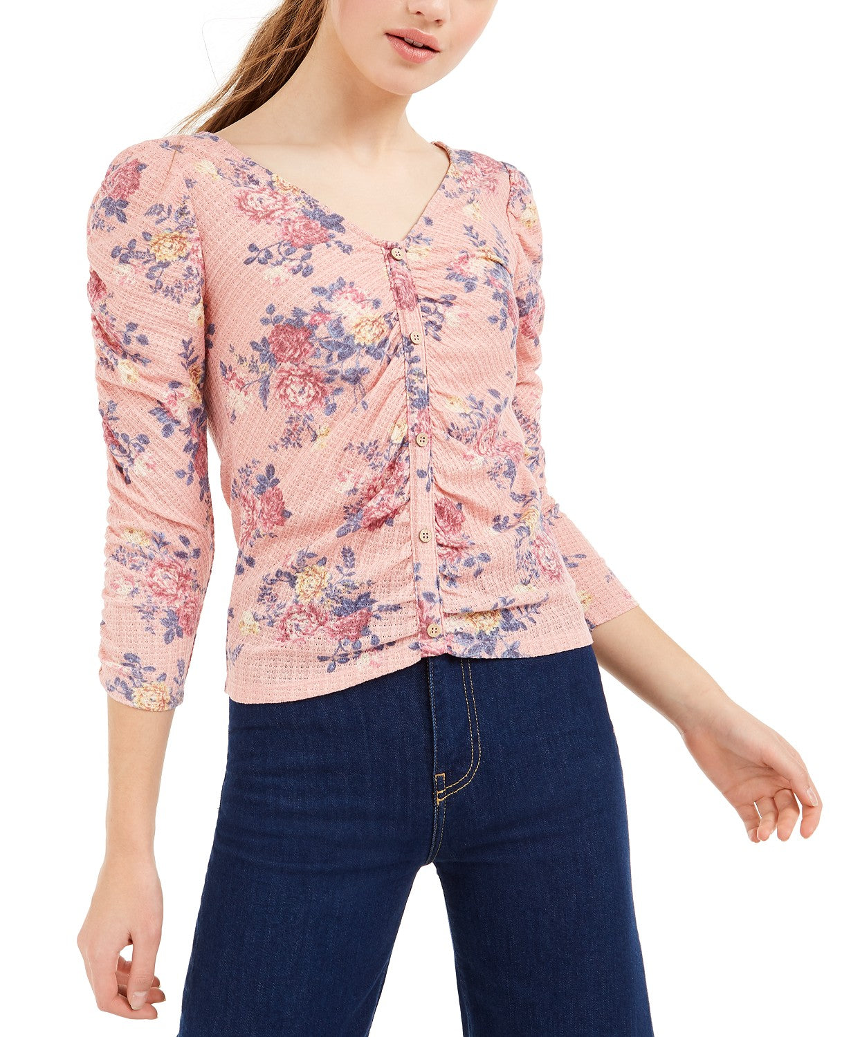 Blusa floral franzida Crave Fame Juniors, rosa, tamanho extra pequeno