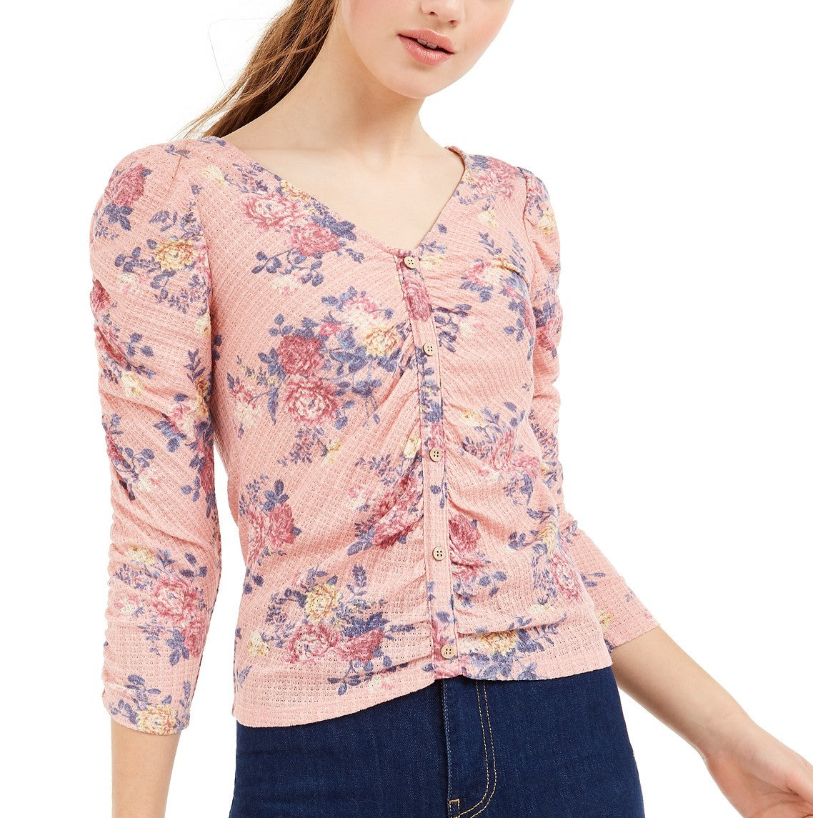 Blusa floral franzida Crave Fame Juniors, rosa, tamanho extra pequeno