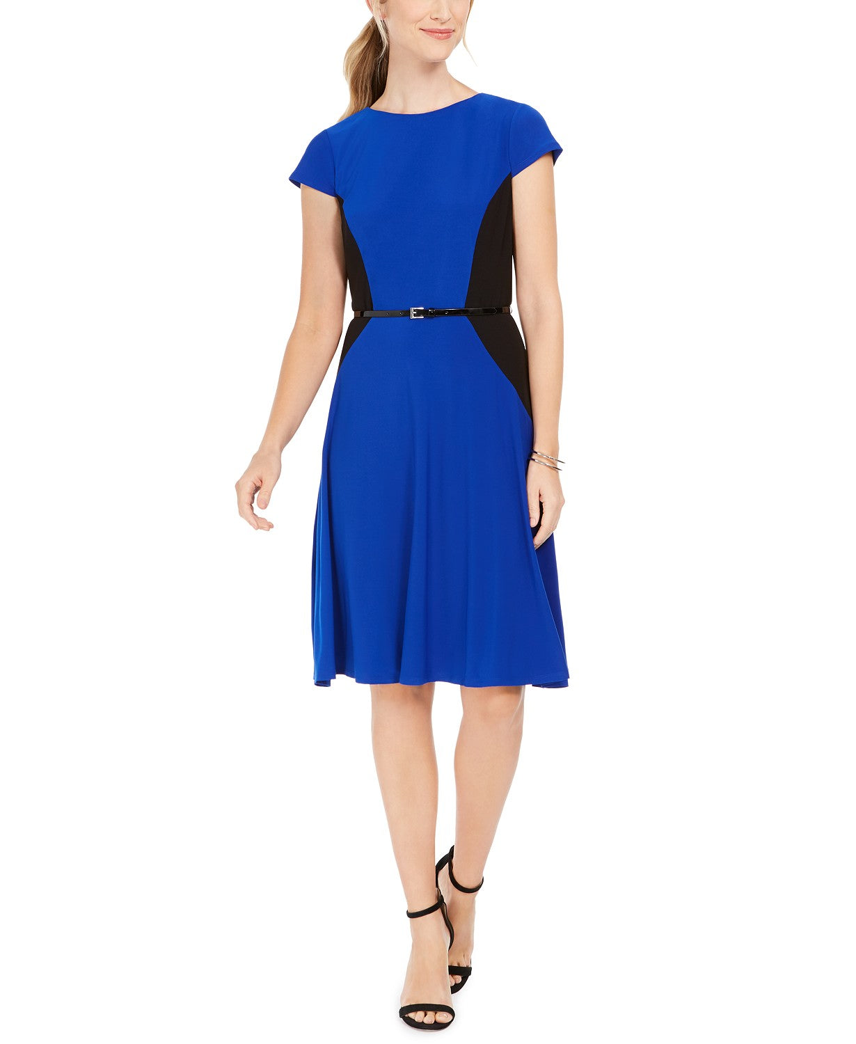 Vestido feminino Jessica Howard com cinto e blocos de cores, ajuste evasê, azul, tamanho 16