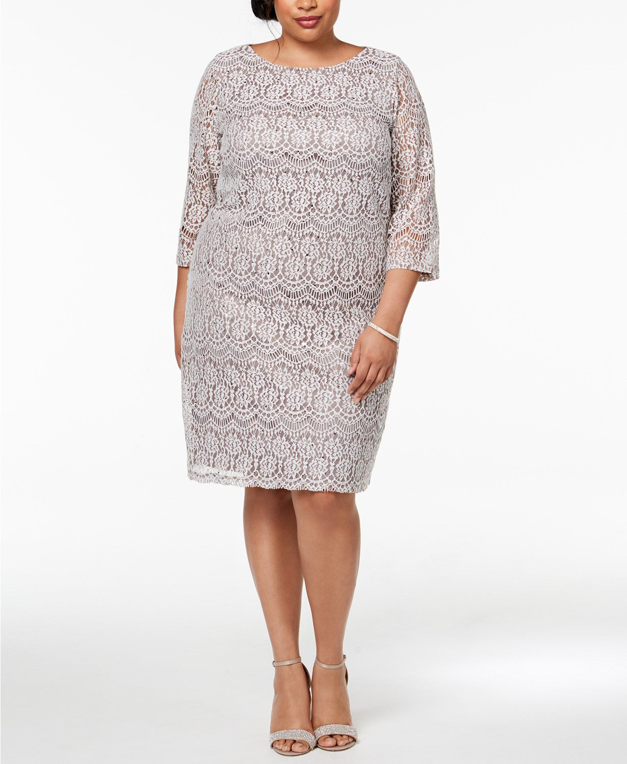 Vestido de renda com lantejoulas plus size Jessica Howard feminino, bege escuro, tamanho 20