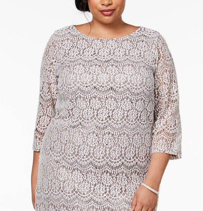 Vestido de renda com lantejoulas plus size Jessica Howard feminino, bege escuro, tamanho 20