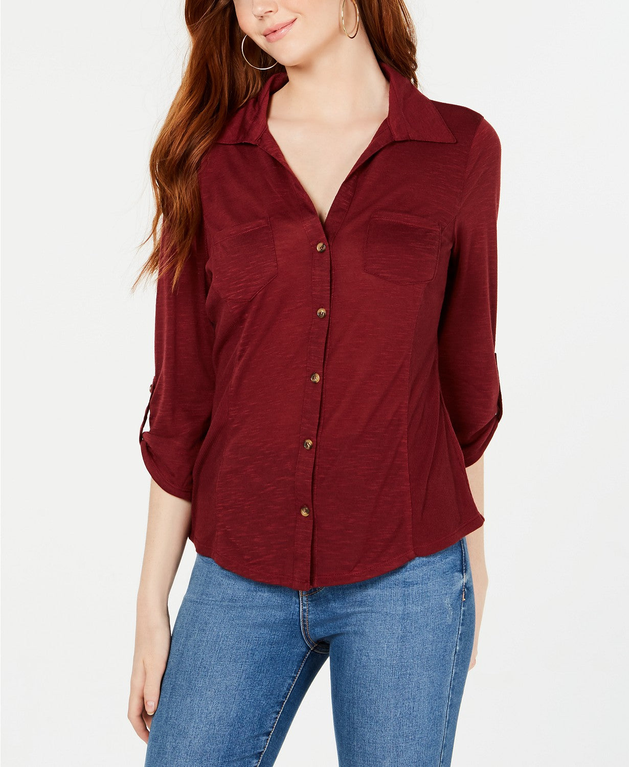 Camisa Crave Fame Juniors com mangas dobráveis ​​e botões frontais, vermelha, tamanho extra pequeno