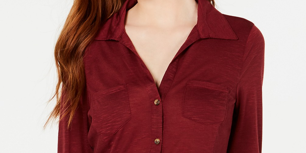 Camisa Crave Fame Juniors com mangas dobráveis ​​e botões frontais, vermelha, tamanho extra pequeno