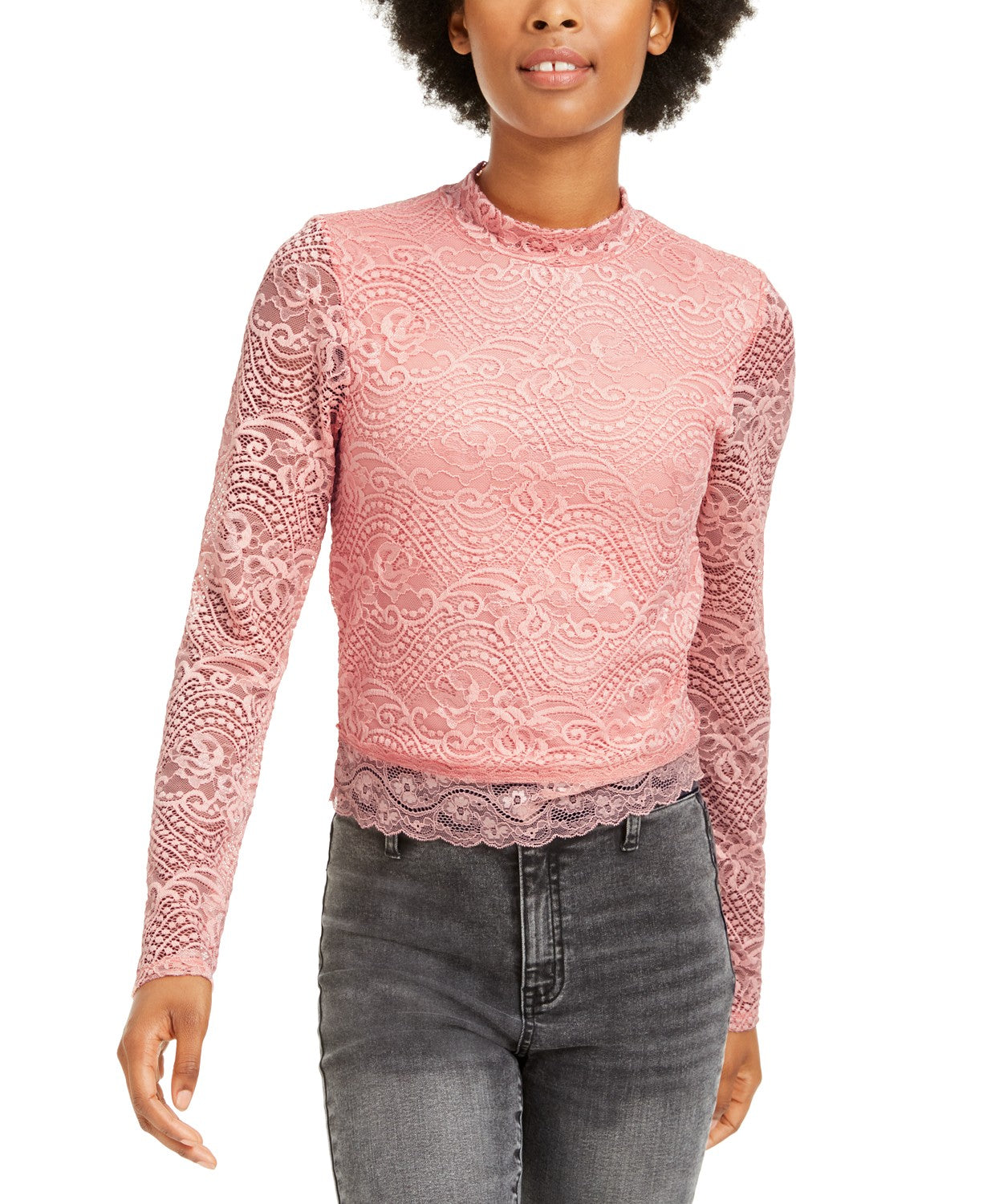 Blusa de renda com gola alta Crave Fame Juniors, tamanho médio, rosa, pequeno