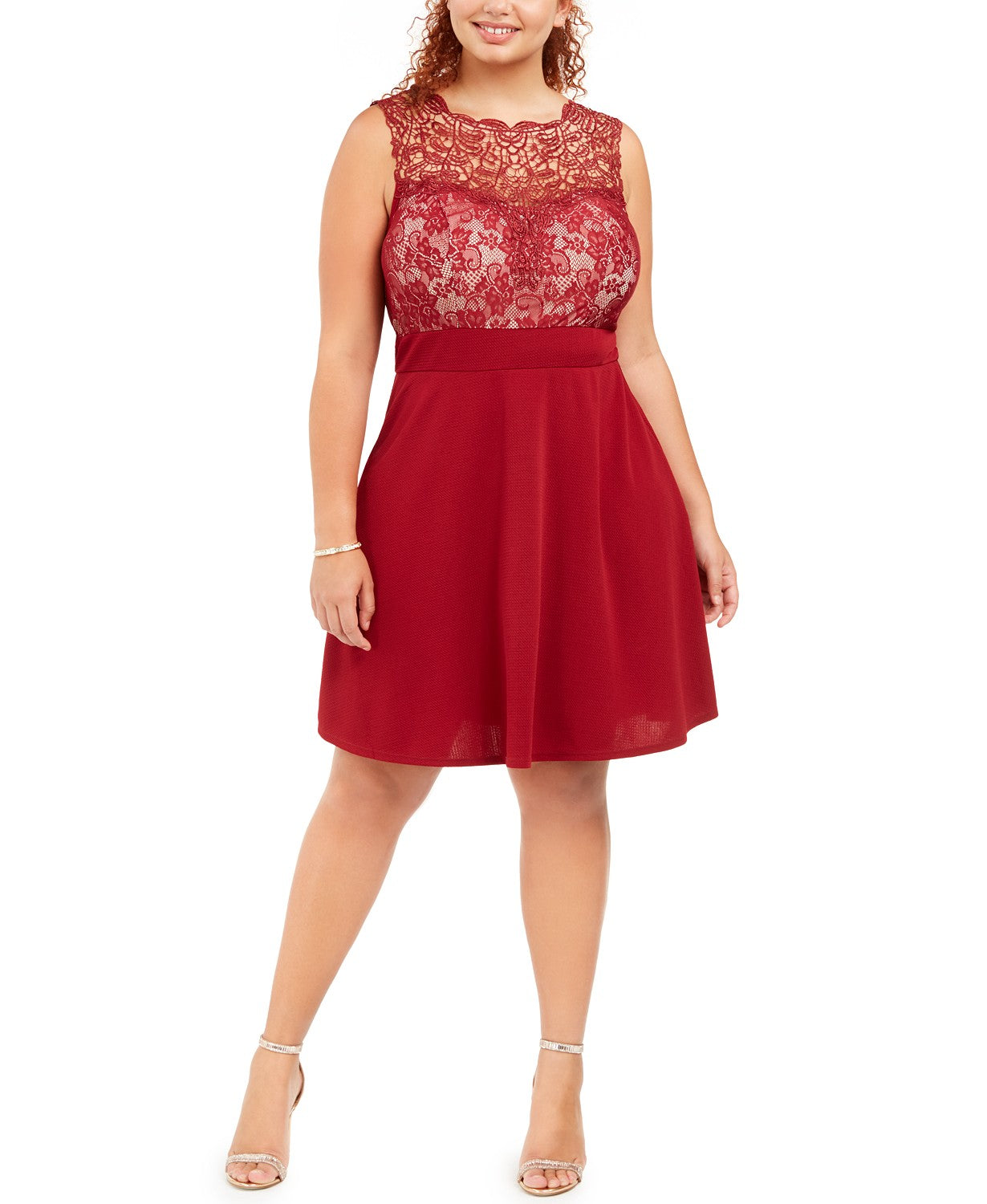 Vestido feminino Love Squared Trendy Plus Size com renda e ajuste evasê, vermelho, tamanho 3, extra grande