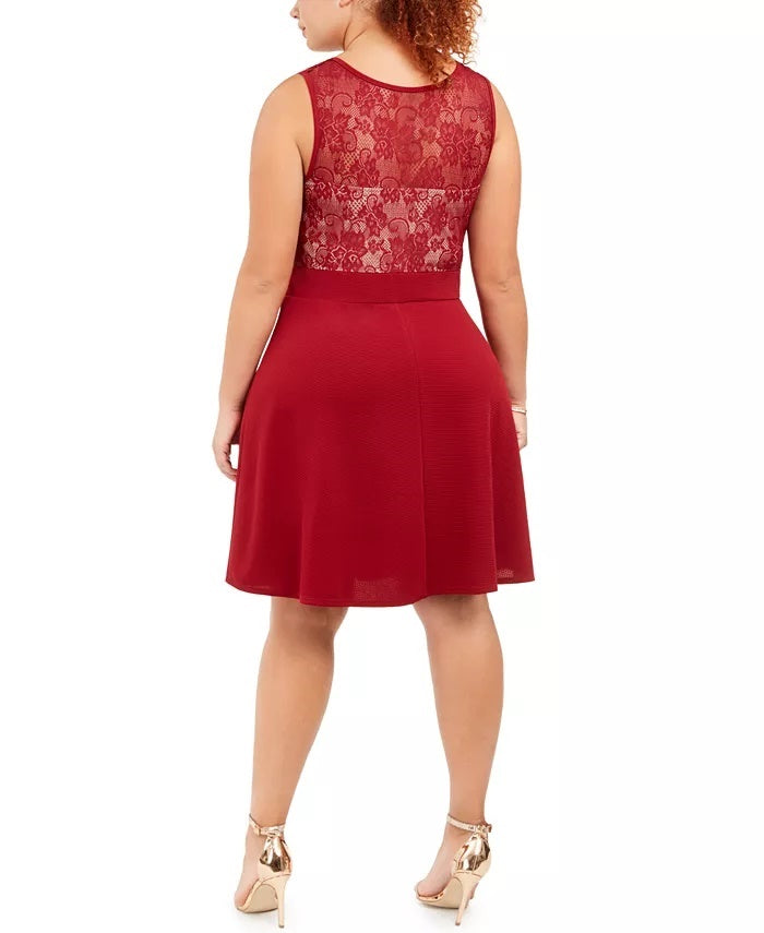 Vestido feminino Love Squared Trendy Plus Size com renda e ajuste evasê, vermelho, tamanho 2, extra grande