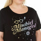 Camiseta feminina moderna e moderna com estampa gráfica Mischief Managed Plus Size, preta, tamanho 2X
