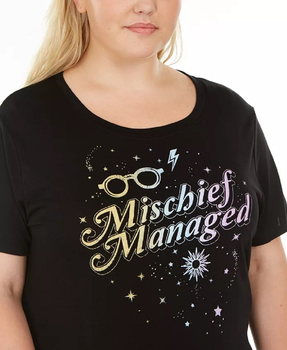 Camiseta feminina moderna e moderna com estampa gráfica Mischief Managed Plus Size, preta, tamanho 2X