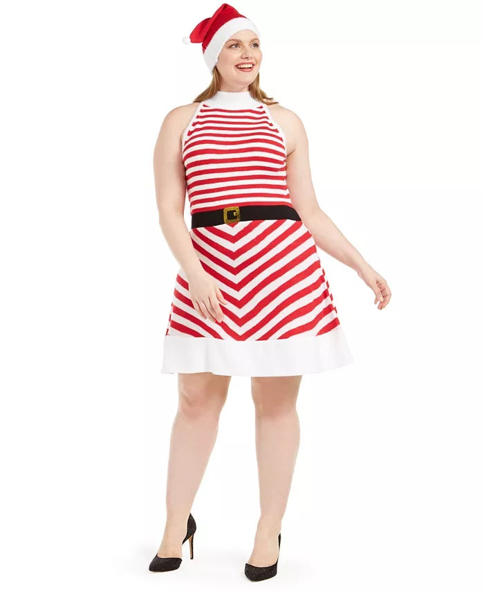 Vestido listrado plus size da Planet Gold feminino, estilo flare, com chapéu de Papai Noel, vermelho, tamanho 2X