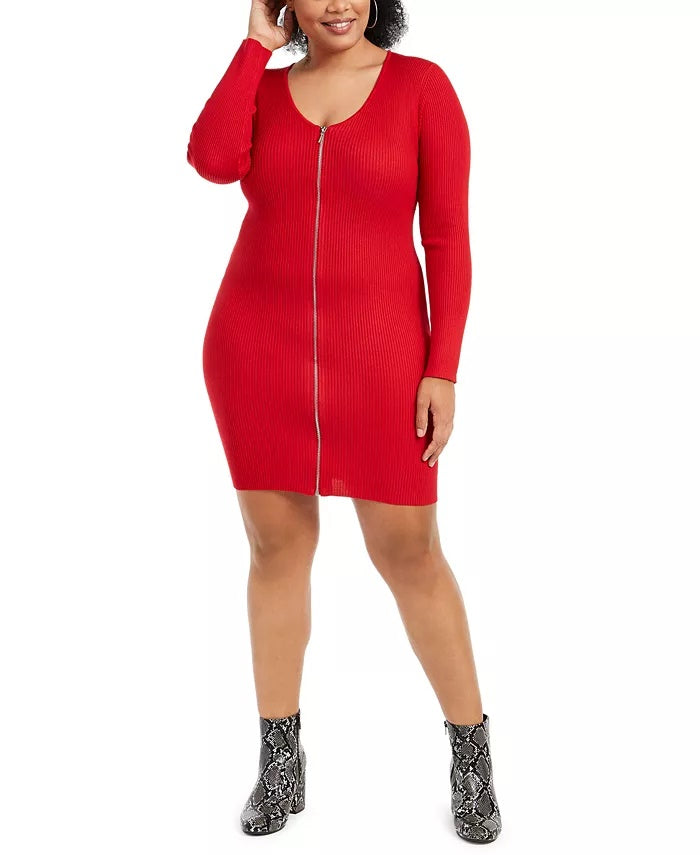 Vestido suéter plus size com zíper frontal Planet Gold feminino, vermelho, tamanho 2X