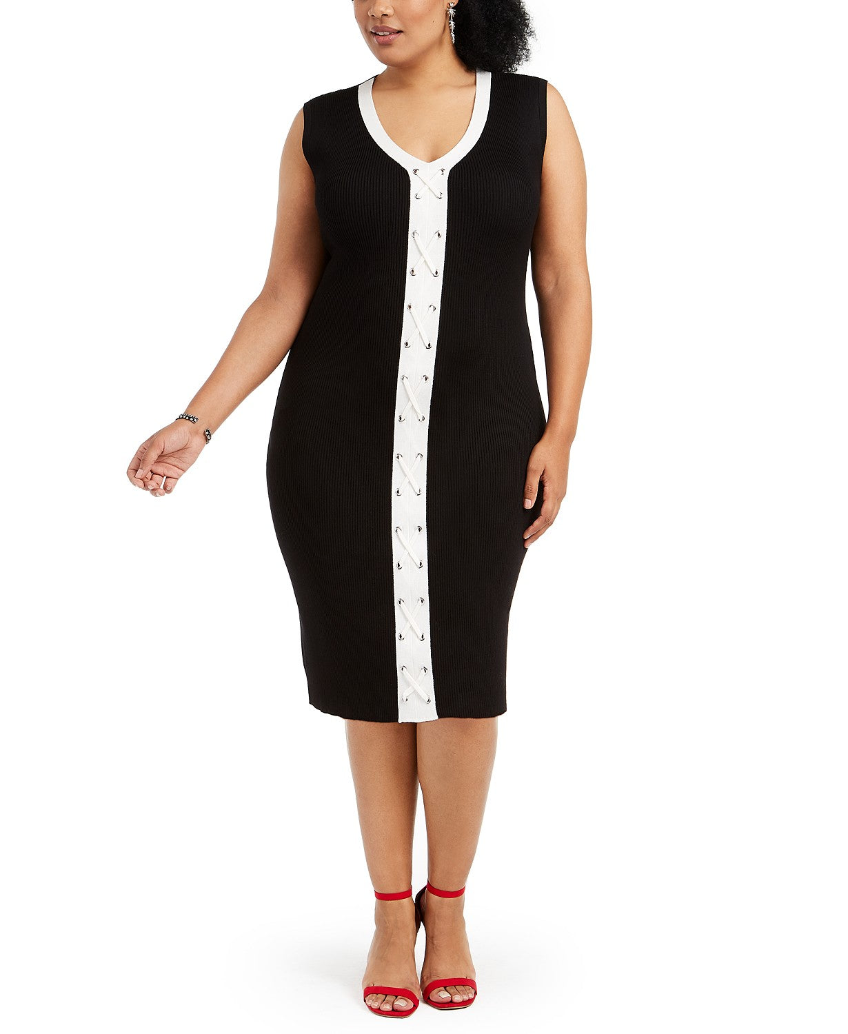 Vestido justo com cadarço e tamanho grande feminino Planet Gold, preto, tamanho 1X