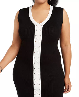 Vestido justo com cadarço e tamanho grande feminino Planet Gold, preto, tamanho 1X