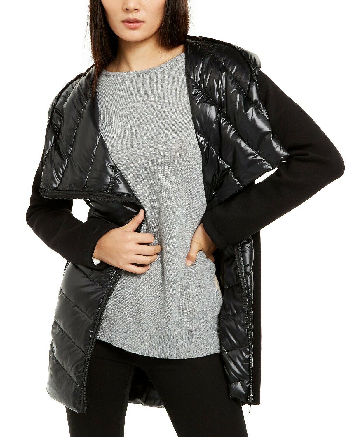 Jaqueta Puffer Assimétrica Feminina Calvin Klein Mix-Media Preta Tamanho Grande